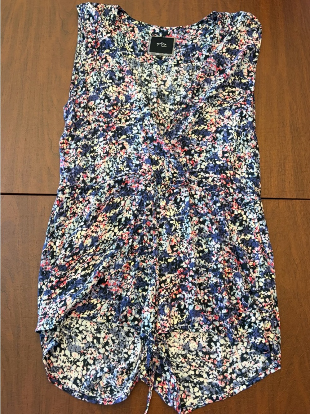 Gilli Navy Floral Surplice Romper with Cinched Waist with Pink & Cream Accents